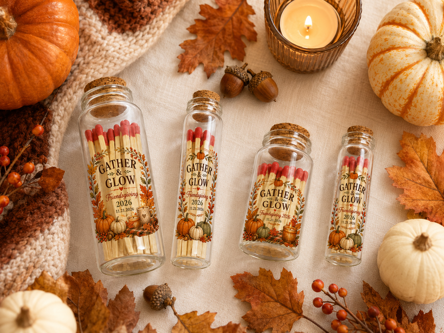 Personalized Friendsgiving Glass Bottle Matches - Gather & Glow - Custom Thanksgiving Favors