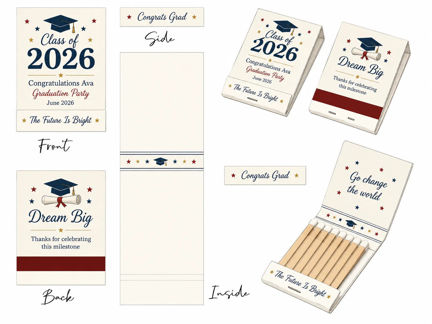 Personalized Graduation Matchbooks - Close-up detail of custom names and date design