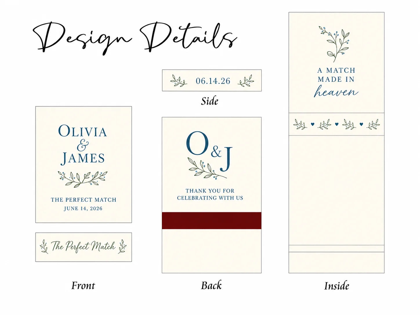 Personalized Baby Shower Matchbooks - Close-up detail of custom names and date design