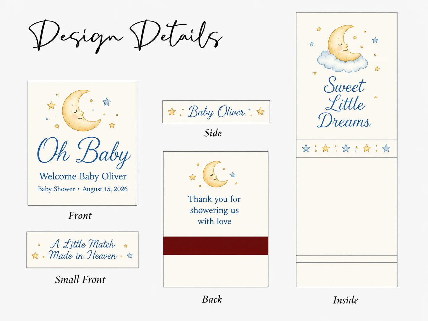 Personalized Baby Shower Matchbooks - Close-up detail of custom names and date design