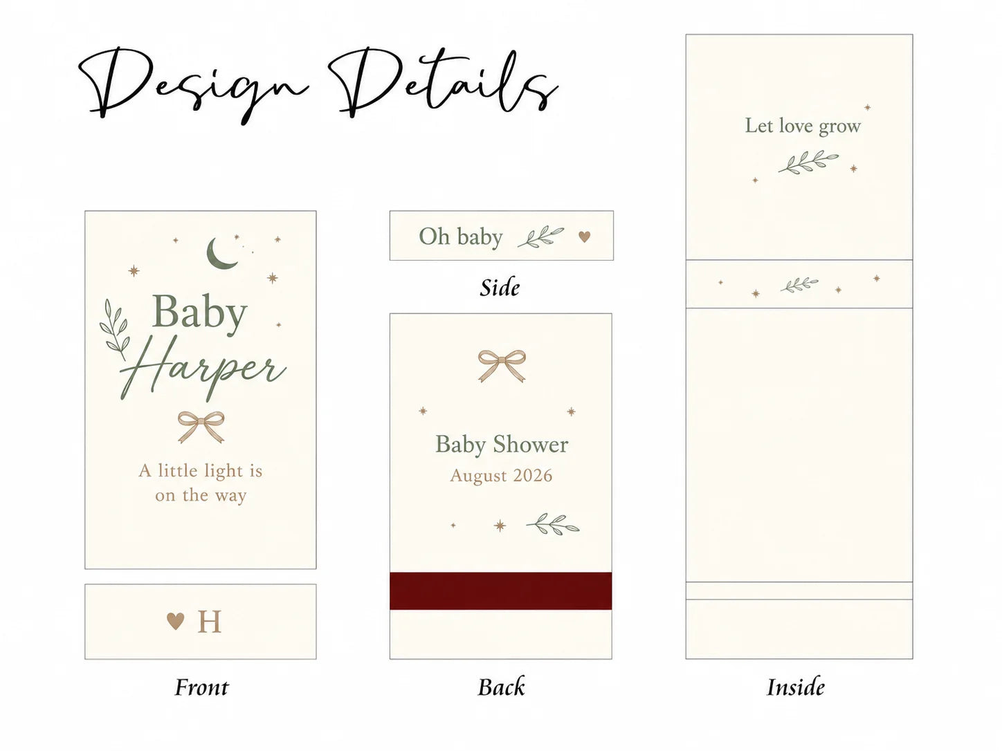 Personalized Baby Shower Matchbooks - Close-up detail of custom names and date design