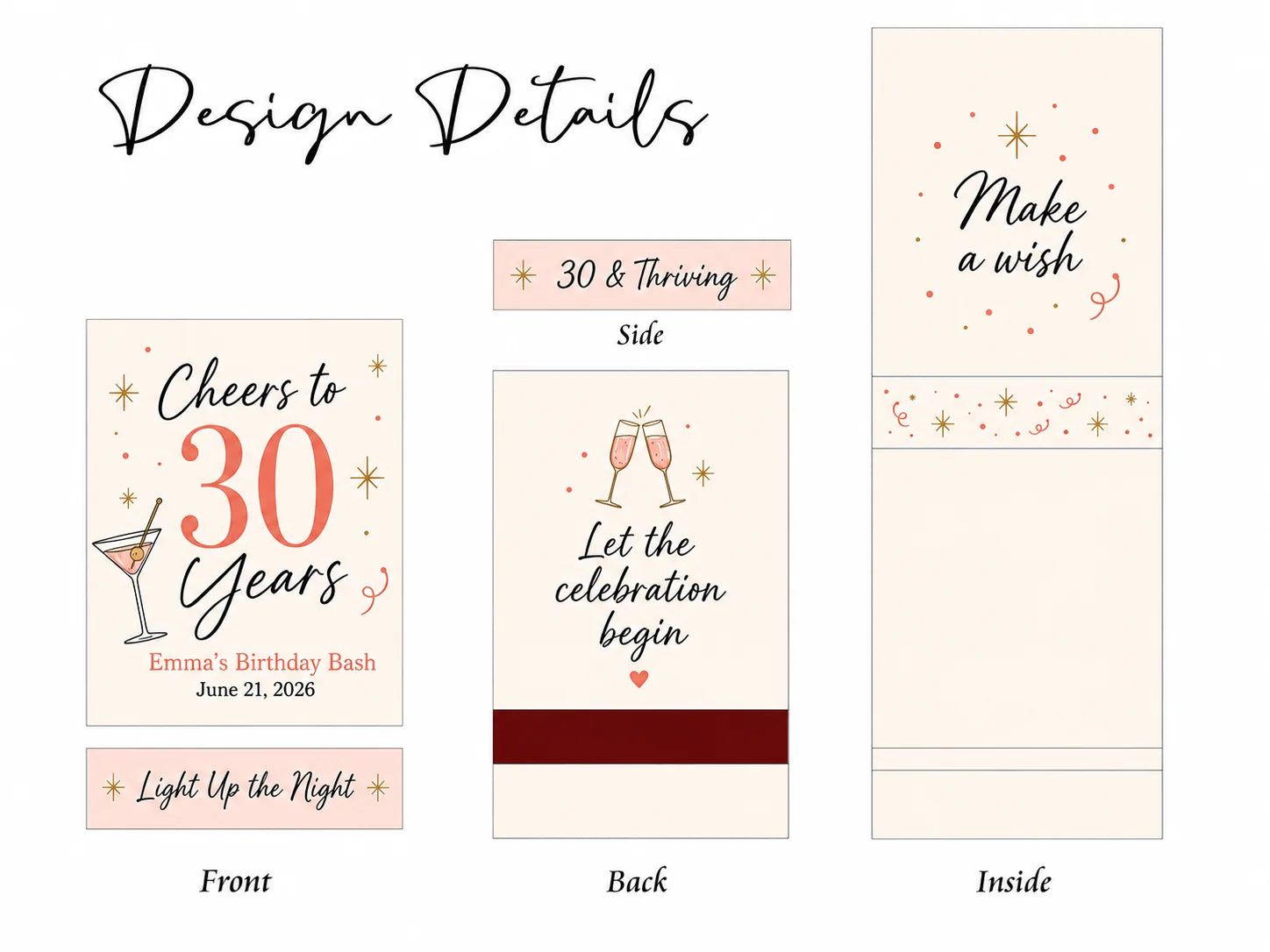 Personalized 30th Birthday Matchbooks - Close-up detail of custom names and date design