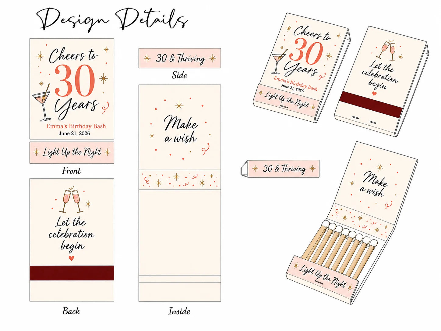 Personalized 30th Birthday Matchbooks - Lifestyle display showing table setting decoration