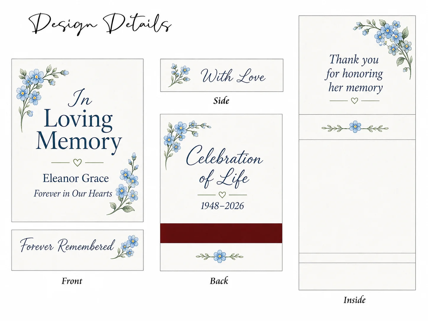 Personalized Memorial Matchbooks - Close-up detail of custom names and date design
