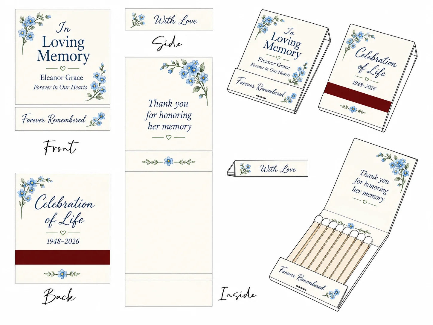 Personalized Memorial Matchbooks - Lifestyle display showing table setting decoration