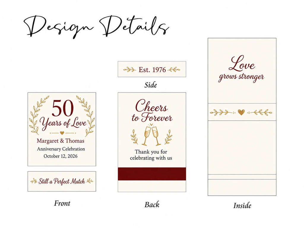 Personalized Anniversary Matchbooks - Close-up detail of custom names and date design