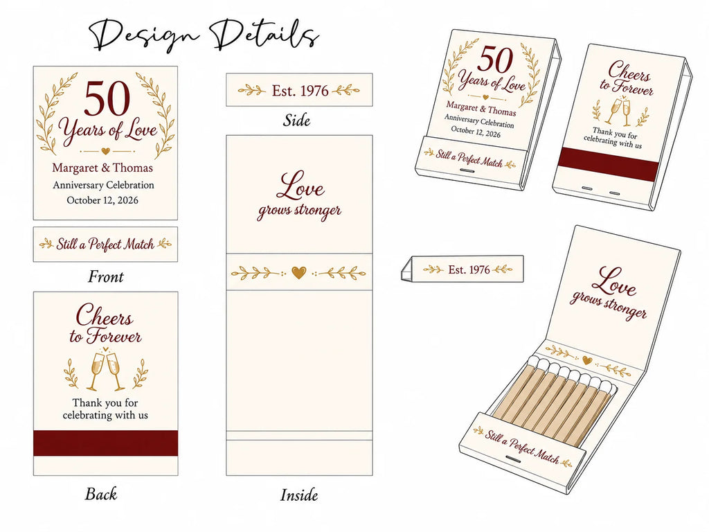 Personalized Anniversary Matchbooks - Lifestyle display showing table setting decoration