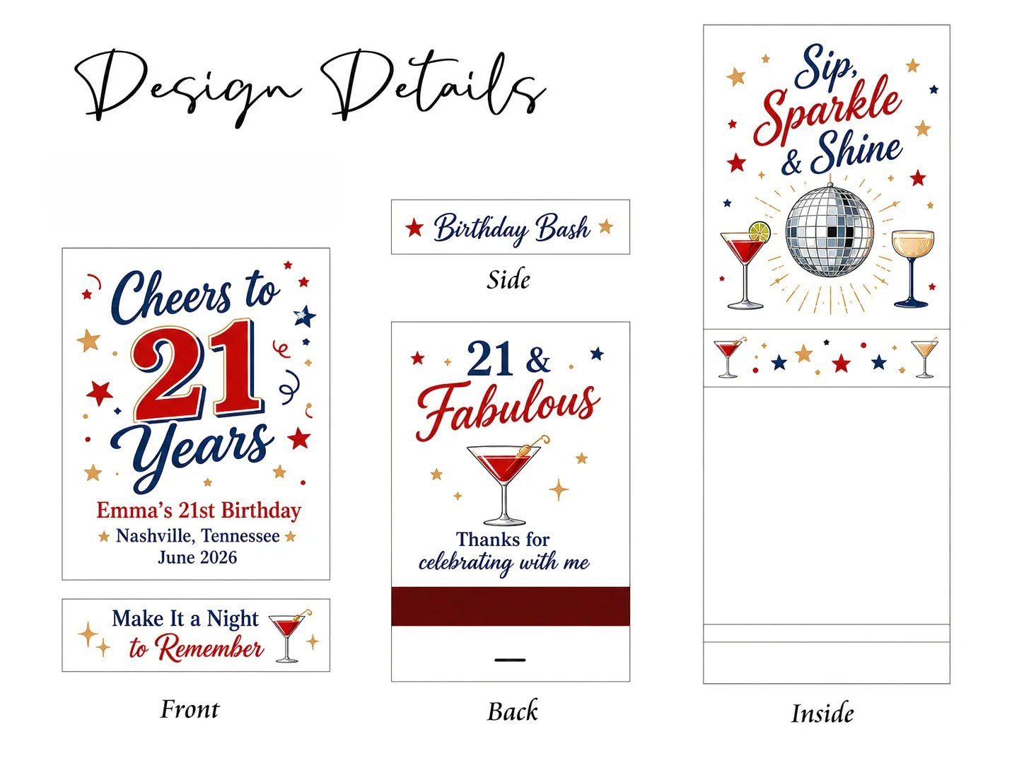 Personalized 21st Birthday Matchbooks - Close-up detail of custom names and date design