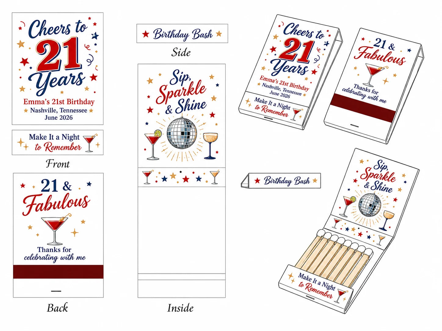 Personalized 21st Birthday Matchbooks - Lifestyle display showing table setting decoration