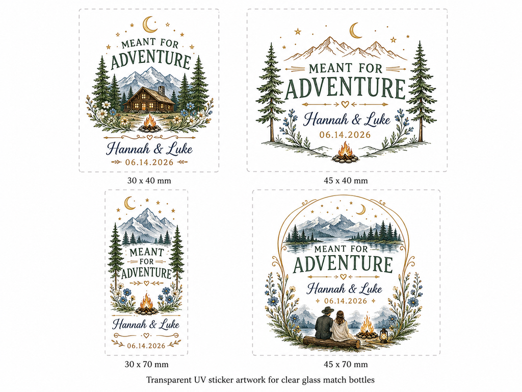 Adventure wedding glass bottle matches side view with custom names