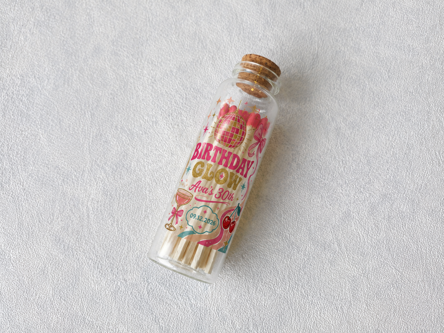 Personalized 30th birthday glass bottle matches with disco theme - front view