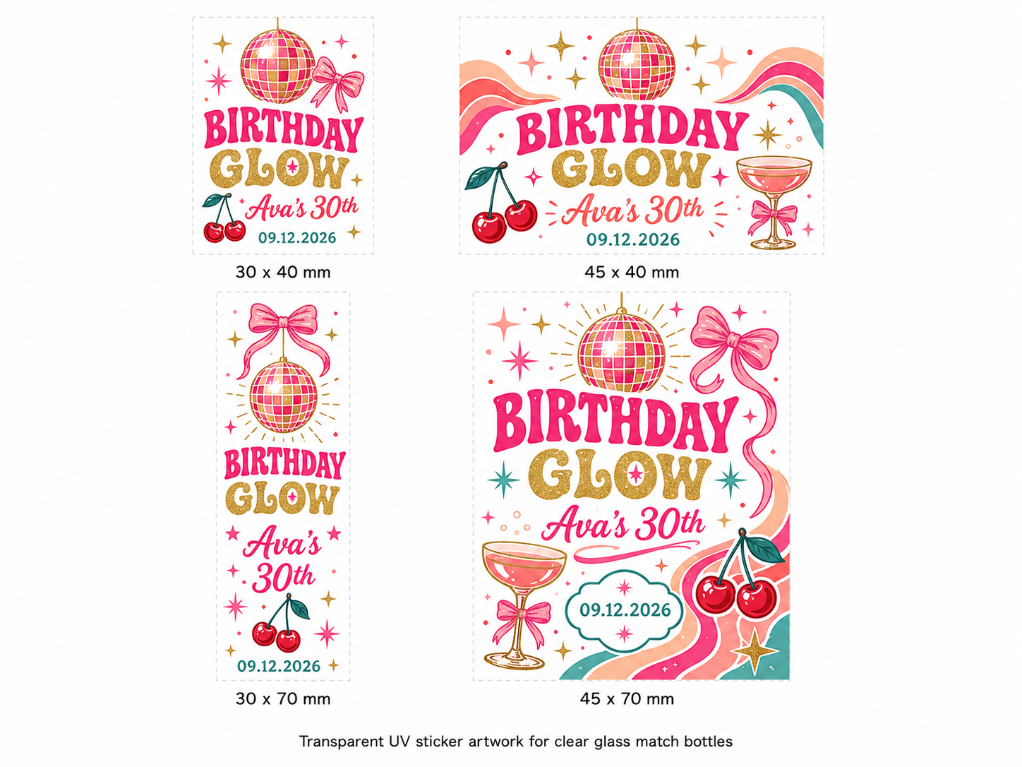 30th birthday glass bottle matches side view with custom name