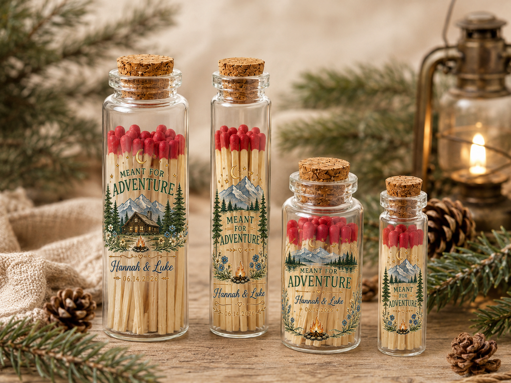 Glass bottle matches with colored matches for camping weddings
