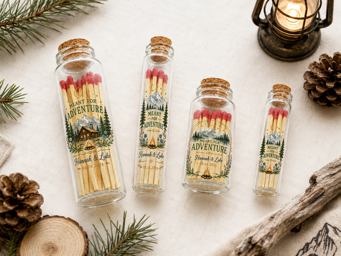 Rustic glass bottle with adventure wedding design and cork seal