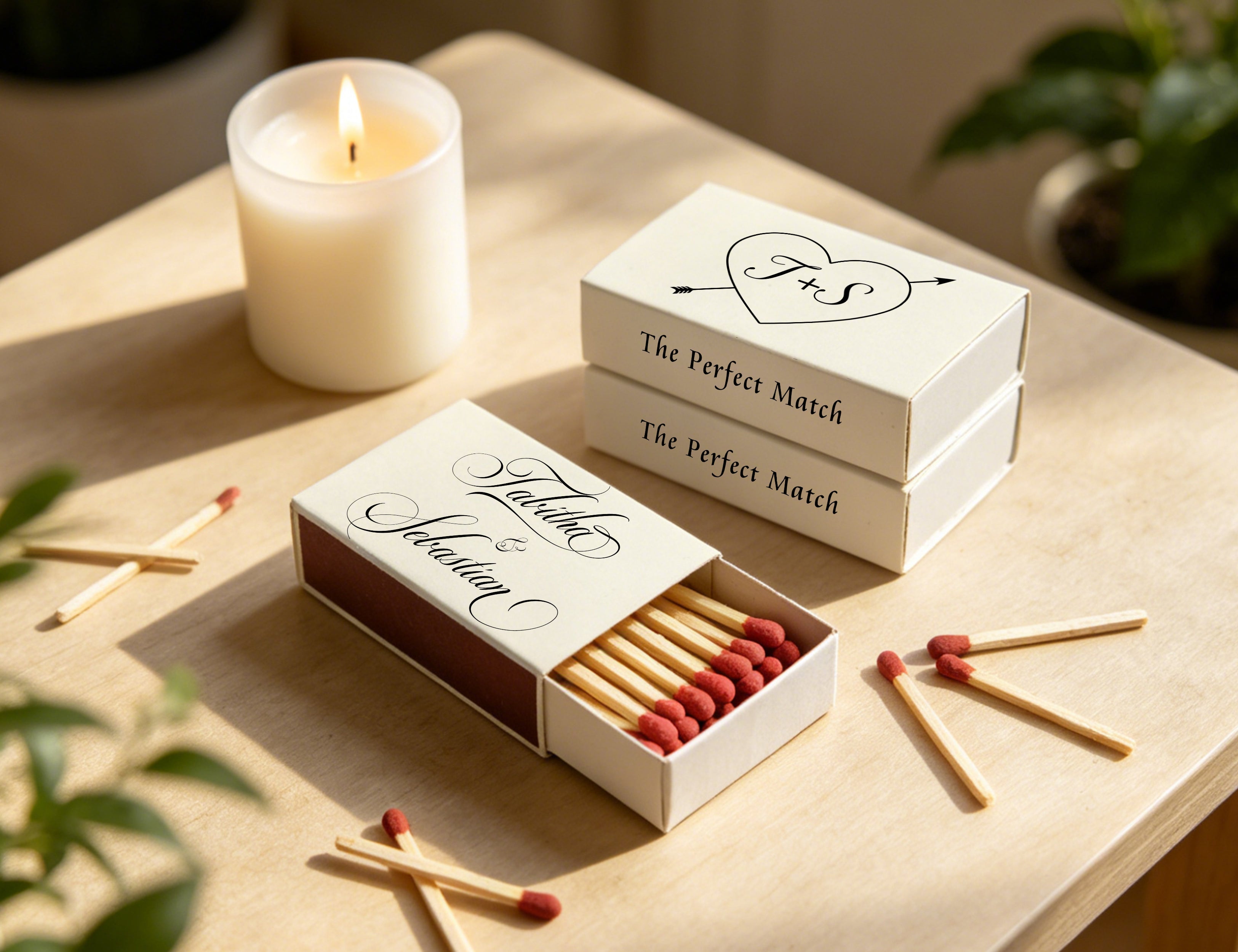 Personalized Wedding Matchboxes with Vintage Heart Arrow Motif - Product Scale Reference
